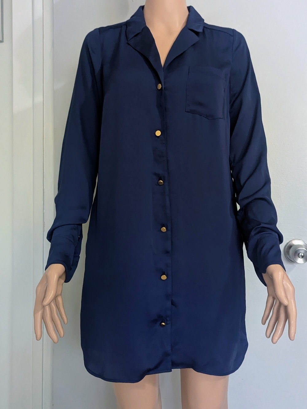 L'Academie Navy Button Down Long Sleeve Shirt Dress Size XS